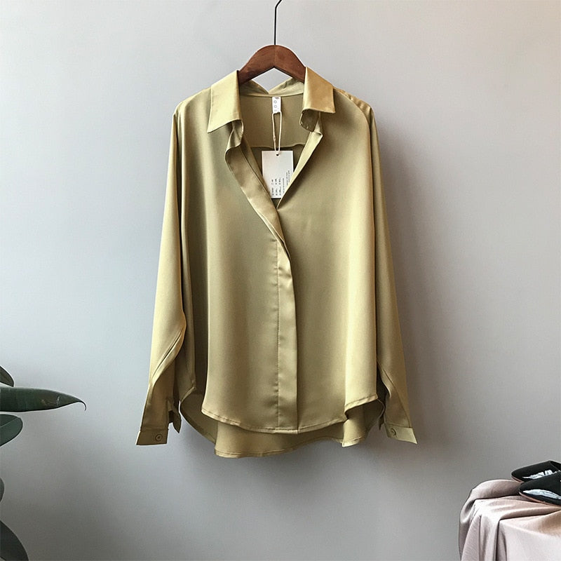 2023 Summer Shirt Fashion Long Sleeve Satin Women's Vintage Street Silk Shirts Autumn Elegant Imitation Blouses and Shirts 5273 - Sangia Silks