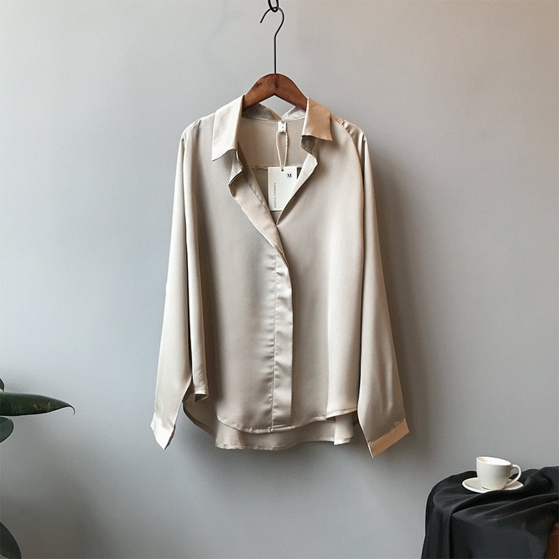 2023 Summer Shirt Fashion Long Sleeve Satin Women's Vintage Street Silk Shirts Autumn Elegant Imitation Blouses and Shirts 5273 - Sangia Silks