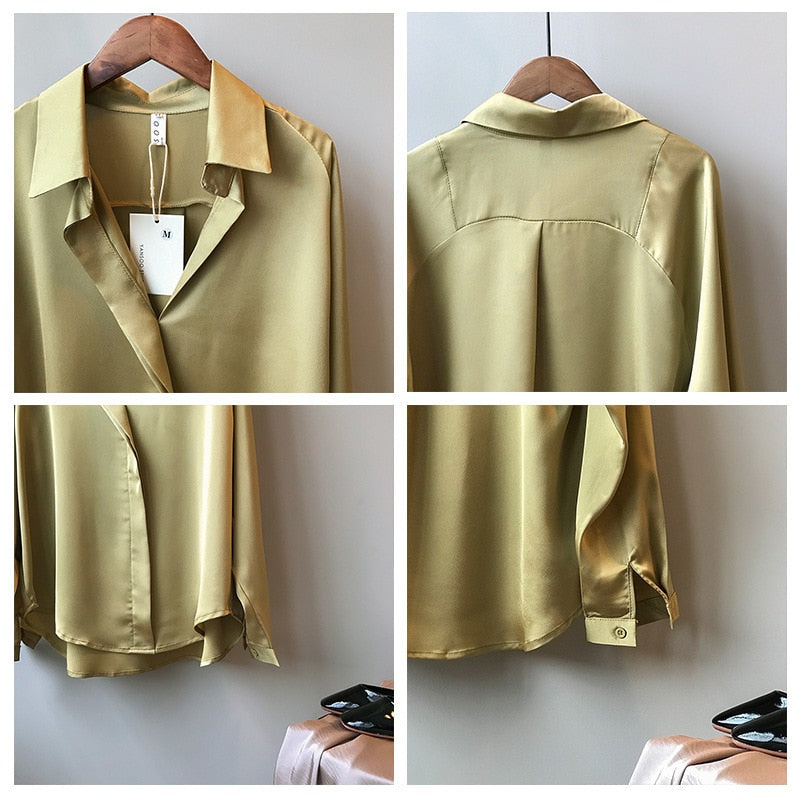 2023 Summer Shirt Fashion Long Sleeve Satin Women's Vintage Street Silk Shirts Autumn Elegant Imitation Blouses and Shirts 5273 - Sangia Silks