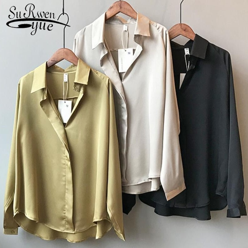 2023 Summer Shirt Fashion Long Sleeve Satin Women's Vintage Street Silk Shirts Autumn Elegant Imitation Blouses and Shirts 5273 - Sangia Silks