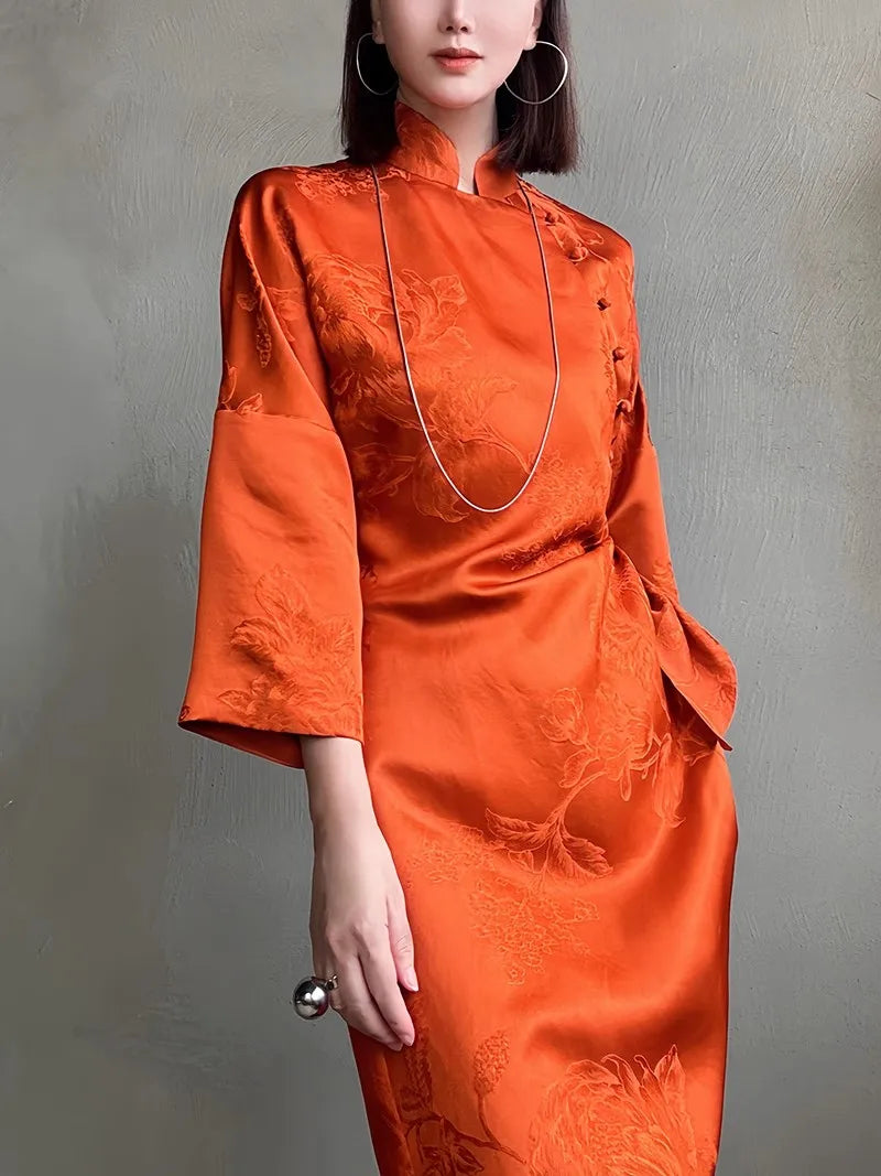 100%Mulberry Silk Elegant Party Dress High-end Women XiangYunSha Cheongsam Dresses Original Design 2024 Spring D41230QM - Sangia Silks