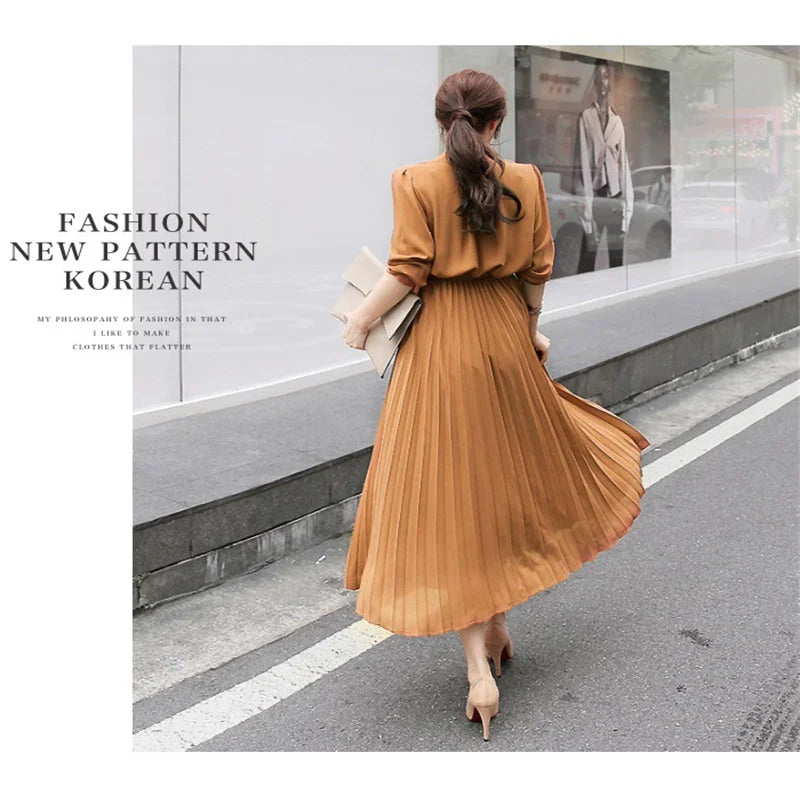 2022 Spring New Style Waist Slimming Ladies Temperament  Skirt Chiffon Long-Sleeved Pleated Dress - Sangia Silks