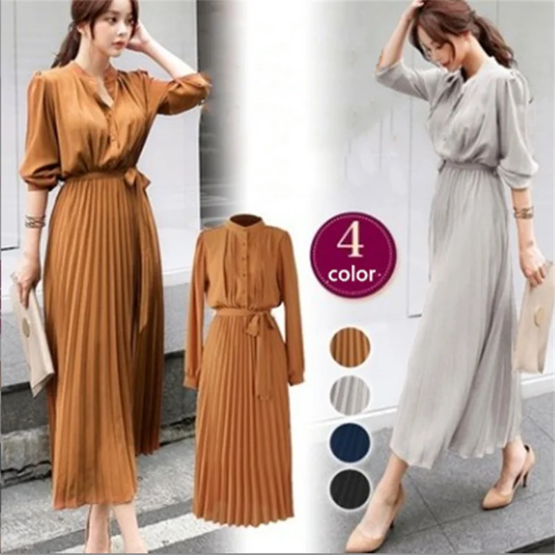 2022 Spring New Style Waist Slimming Ladies Temperament  Skirt Chiffon Long-Sleeved Pleated Dress - Sangia Silks