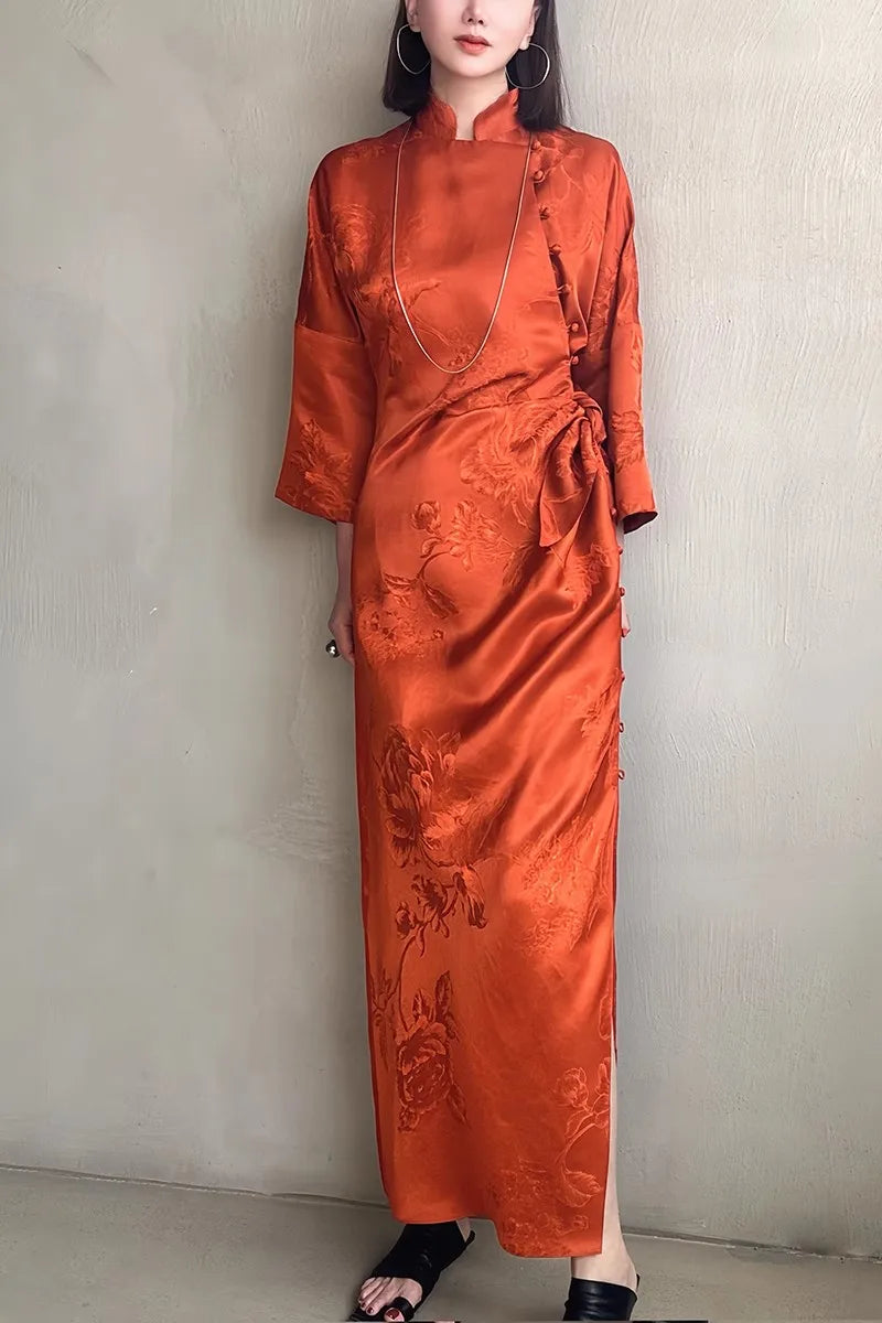 100%Mulberry Silk Elegant Party Dress High-end Women XiangYunSha Cheongsam Dresses Original Design 2024 Spring D41230QM - Sangia Silks