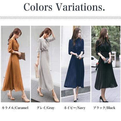 2022 Spring New Style Waist Slimming Ladies Temperament  Skirt Chiffon Long-Sleeved Pleated Dress - Sangia Silks