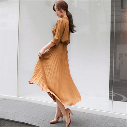 2022 Spring New Style Waist Slimming Ladies Temperament  Skirt Chiffon Long-Sleeved Pleated Dress - Sangia Silks