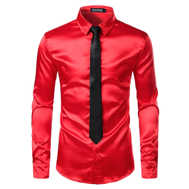Men's Silver Silk Shirt with Tie 2 pc Satin Smooth Tuxedo Shirt Casual Button Down Men Dress Shirts Wedding Party Prom Chemise Homme - Sangia Silks