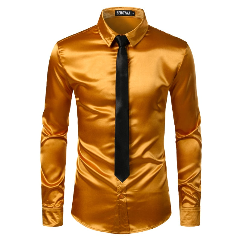 Men's Silver Silk Shirt with Tie 2 pc Satin Smooth Tuxedo Shirt Casual Button Down Men Dress Shirts Wedding Party Prom Chemise Homme - Sangia Silks