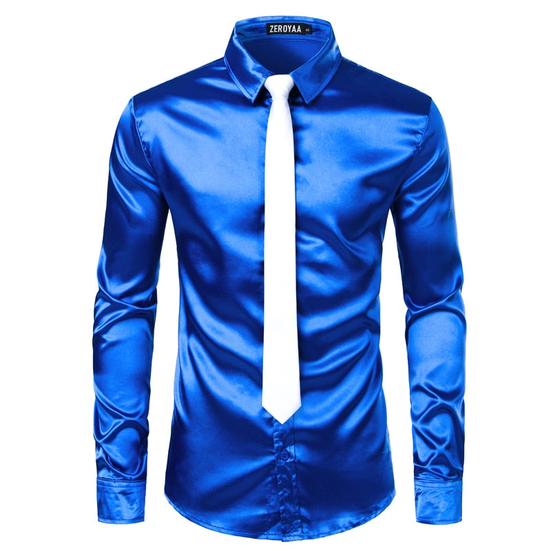 Men's Silver Silk Shirt with Tie 2 pc Satin Smooth Tuxedo Shirt Casual Button Down Men Dress Shirts Wedding Party Prom Chemise Homme - Sangia Silks