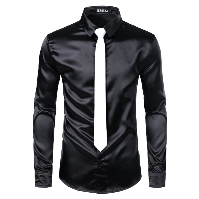 Men's Silver Silk Shirt with Tie 2 pc Satin Smooth Tuxedo Shirt Casual Button Down Men Dress Shirts Wedding Party Prom Chemise Homme - Sangia Silks