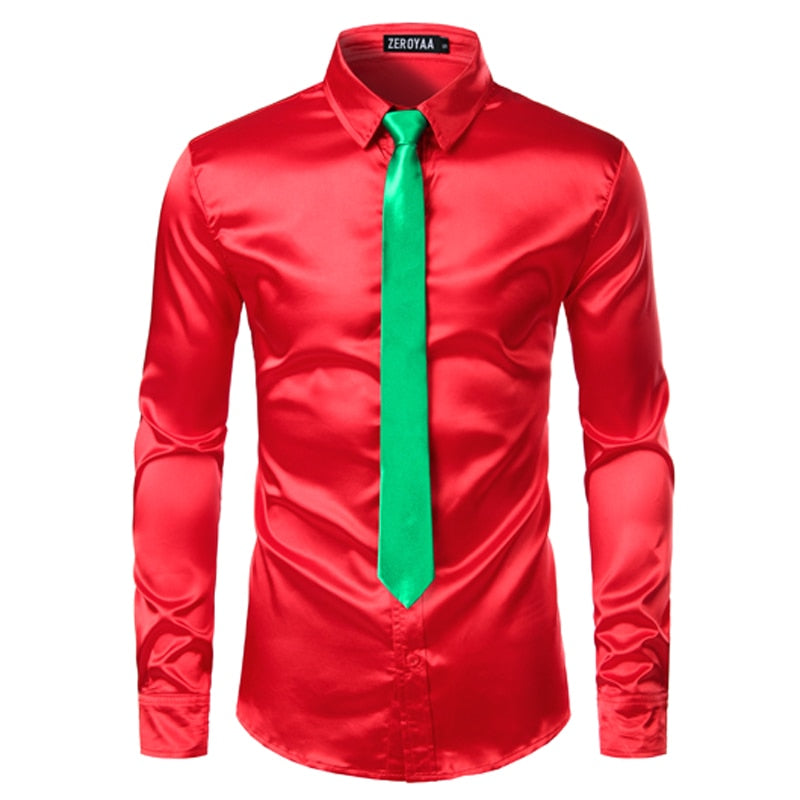 Men's Silver Silk Shirt with Tie 2 pc Satin Smooth Tuxedo Shirt Casual Button Down Men Dress Shirts Wedding Party Prom Chemise Homme - Sangia Silks