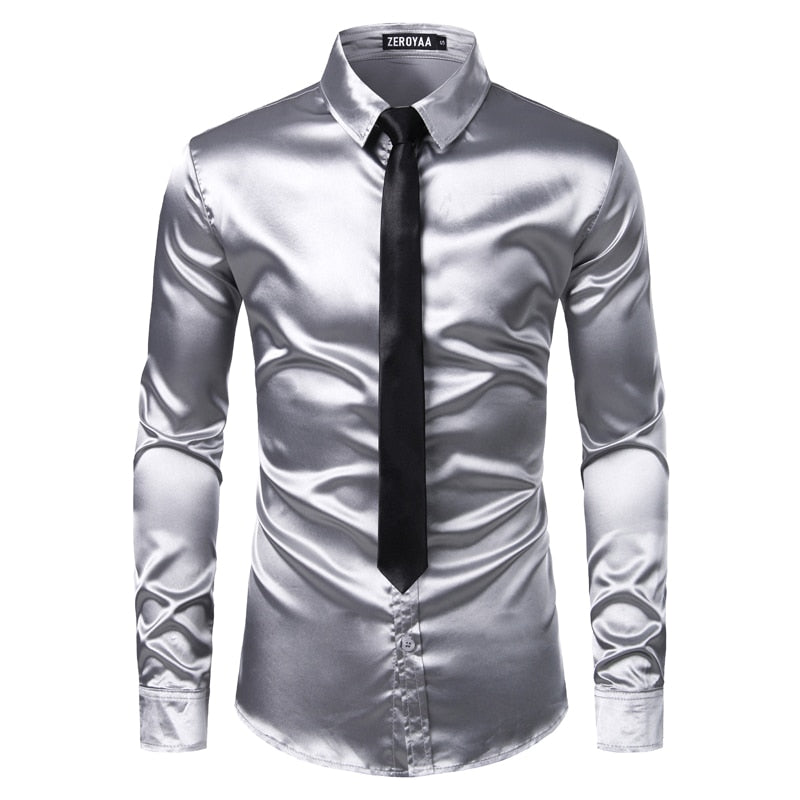 Men's Silver Silk Shirt with Tie 2 pc Satin Smooth Tuxedo Shirt Casual Button Down Men Dress Shirts Wedding Party Prom Chemise Homme - Sangia Silks