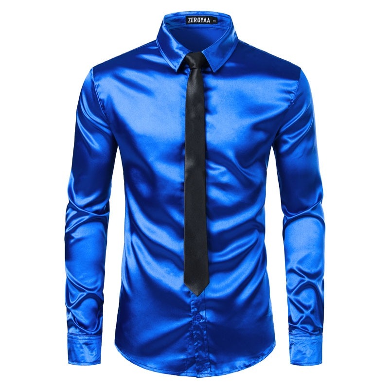 Men's Silver Silk Shirt with Tie 2 pc Satin Smooth Tuxedo Shirt Casual Button Down Men Dress Shirts Wedding Party Prom Chemise Homme - Sangia Silks
