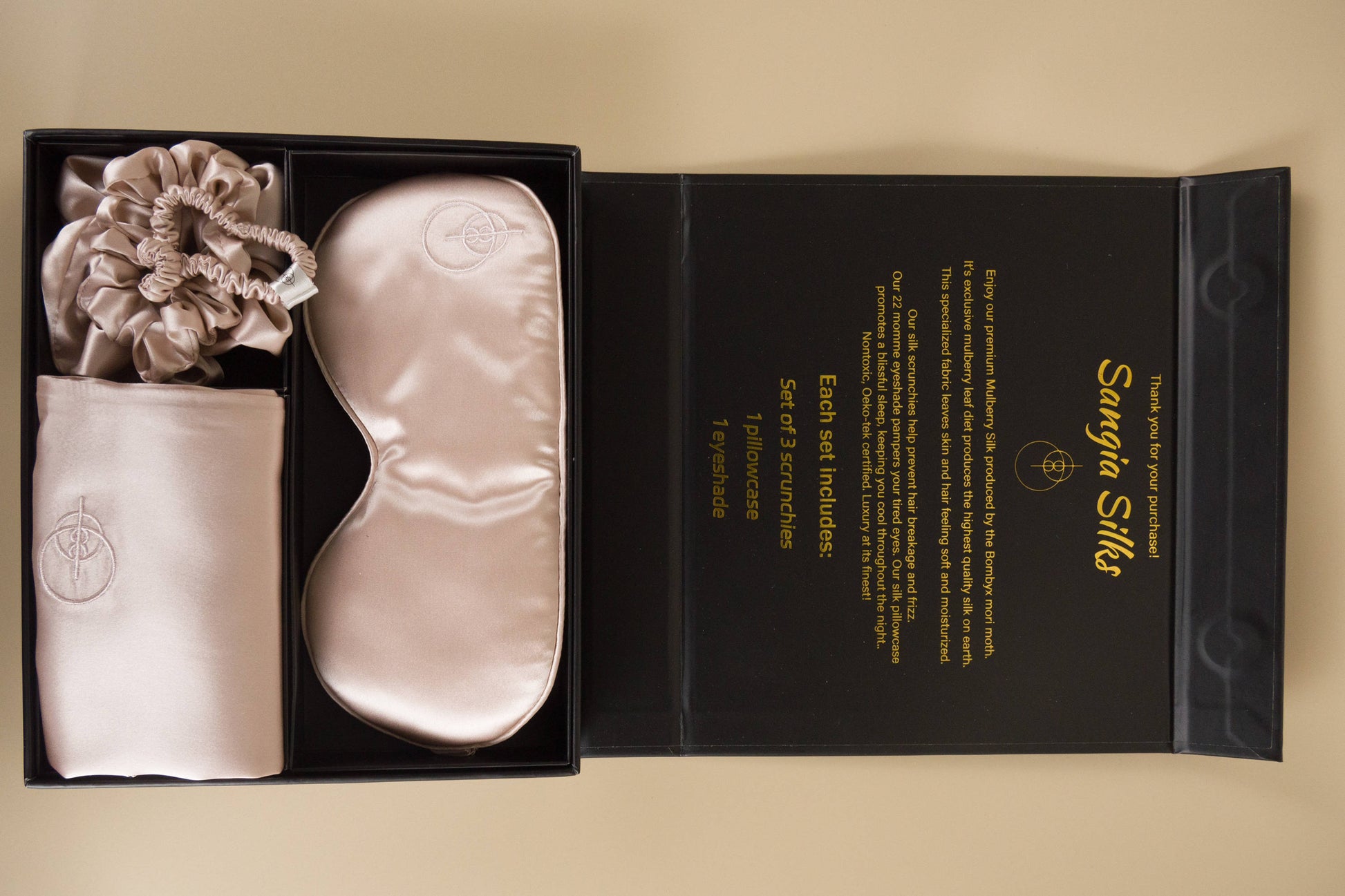 Sangia & Co Silks Gift set in Blush Pink, comes in black/gold gift box with 1 eyeshade, 1 pillowcase 3 scrunchies. 100% silk, 22 momme mulberry silk, nontoxic oeko-tek certified silk