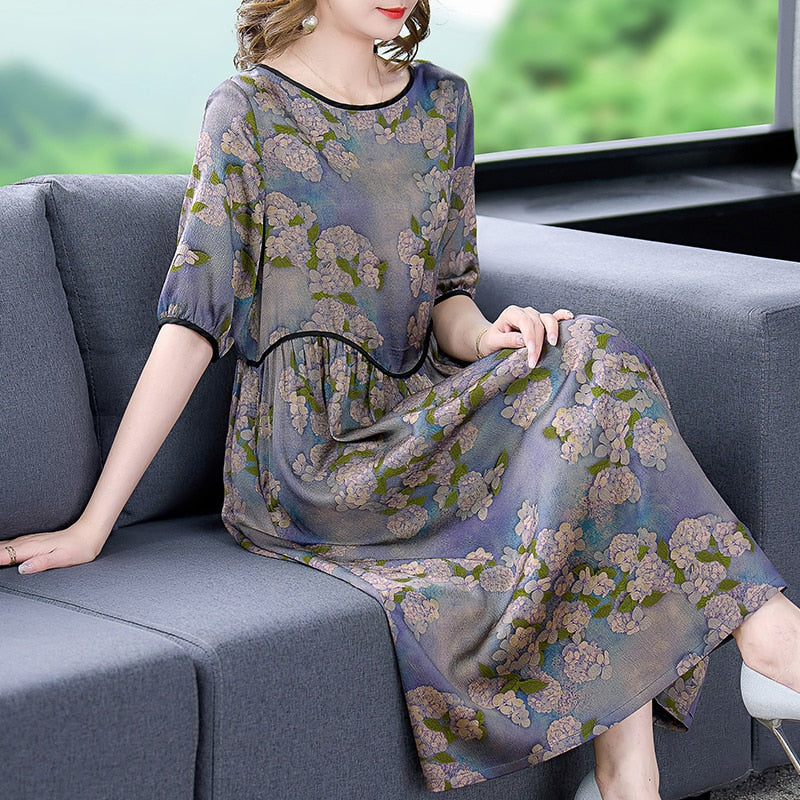 Female Floral Mulberry Silk Midi Dress - Sangia Silks