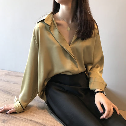 2023 Summer Shirt Fashion Long Sleeve Satin Women&#39;s Vintage Street Silk Shirts Autumn Elegant Imitation Blouses and Shirts 5273 - Sangia Silks