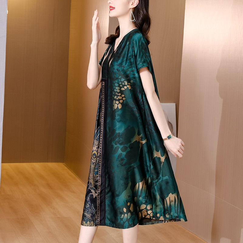 Women Floral Mulberry Silk V-Neck Midi Dress - Sangia Silks