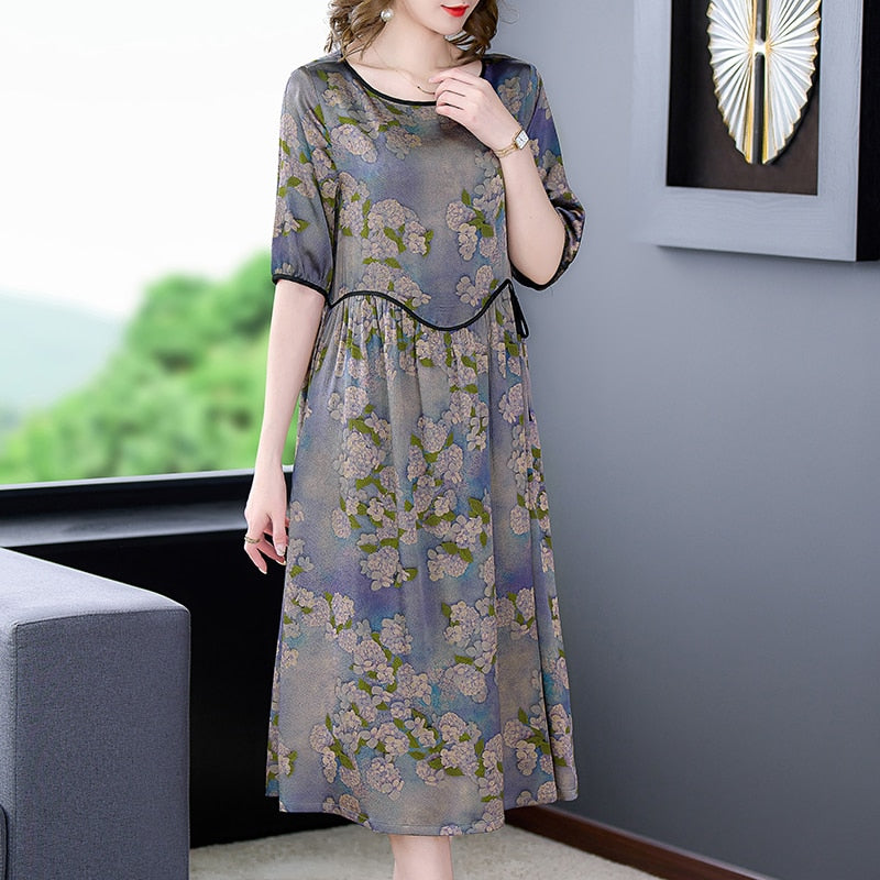 Female Floral Mulberry Silk Midi Dress - Sangia Silks