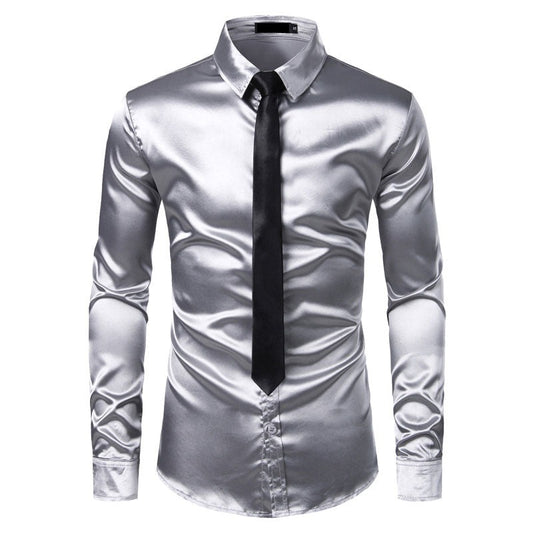 Men's Silver Silk Shirt with Tie 2 pc Satin Smooth Tuxedo Shirt Casual Button Down Men Dress Shirts Wedding Party Prom Chemise Homme - Sangia Silks