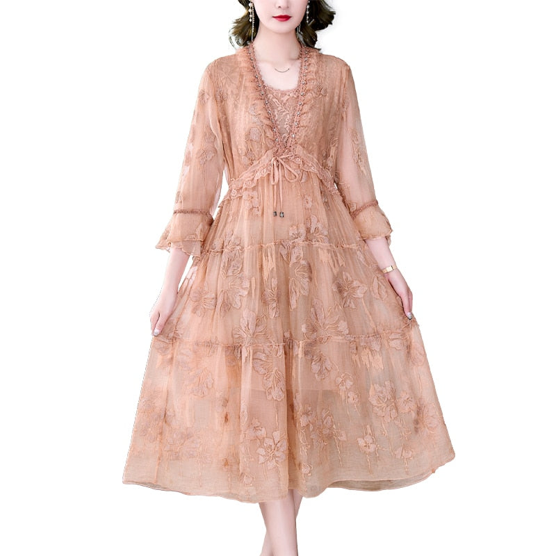 Mulberry Silk Dresses Vintage Mesh Floral Dress - Sangia Silks