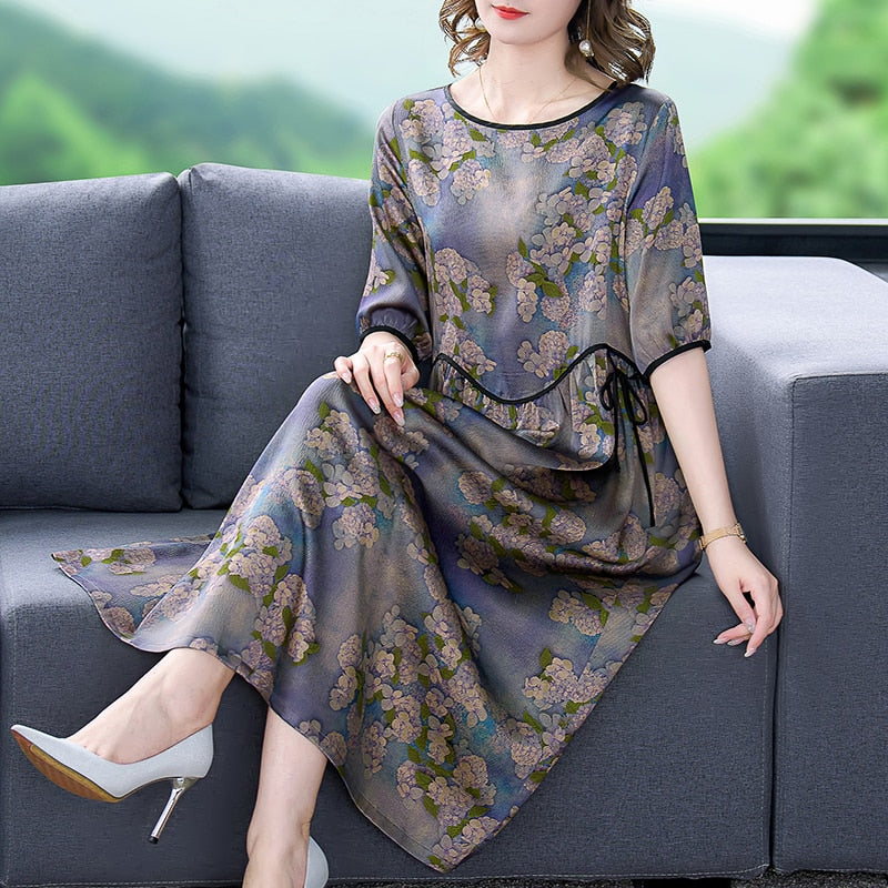 Female Floral Mulberry Silk Midi Dress - Sangia Silks