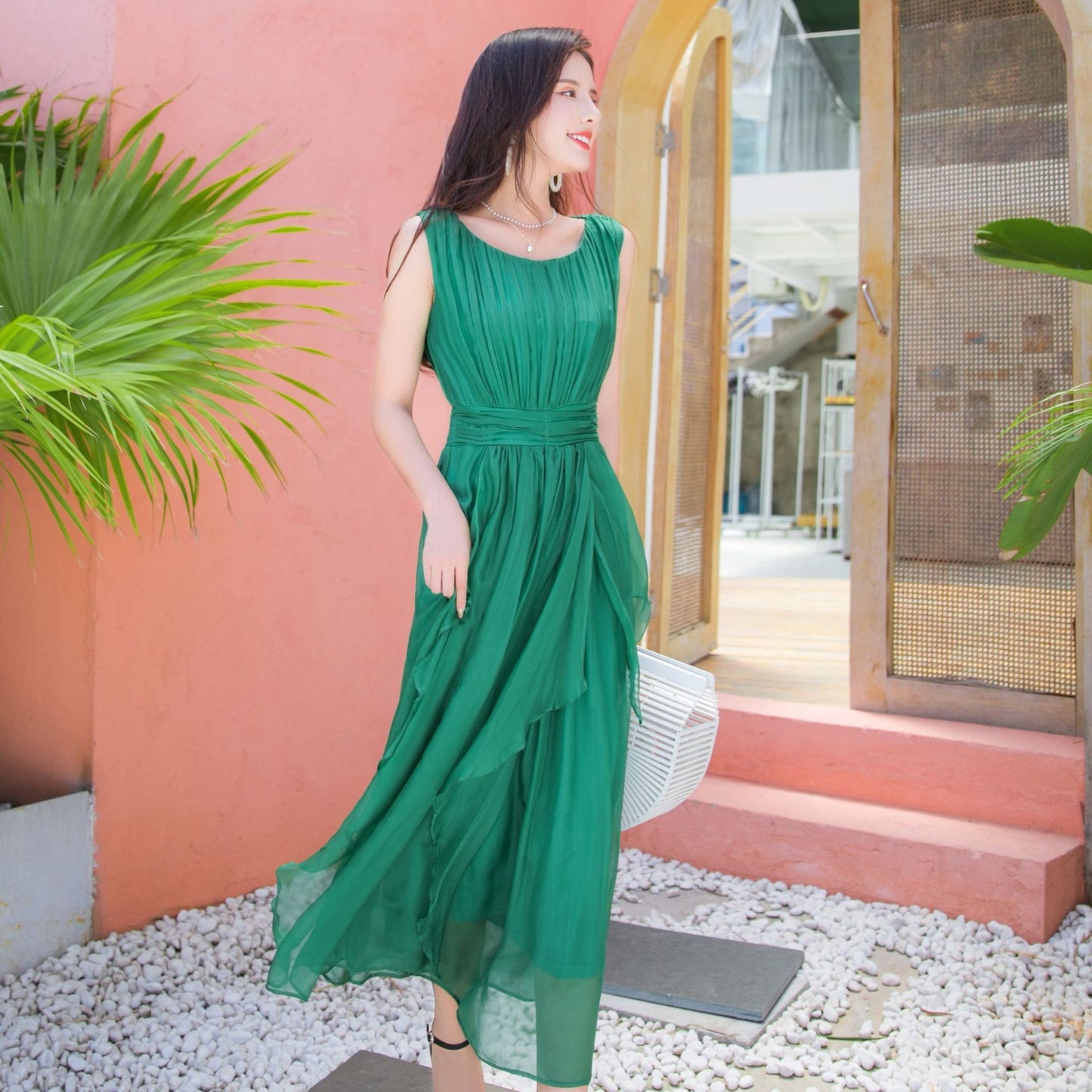 Natural Silk Mulberry Beach Solid Midi Dress - Sangia Silks