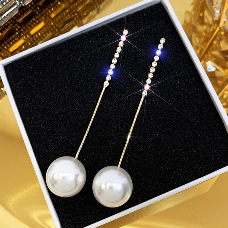 2022 New Classic Elegant Imitation Pearl Dangle Earrings For Women Crystal Long Tassel Exquisite Drop Earring Wedding Jewelry - Sangia Silks